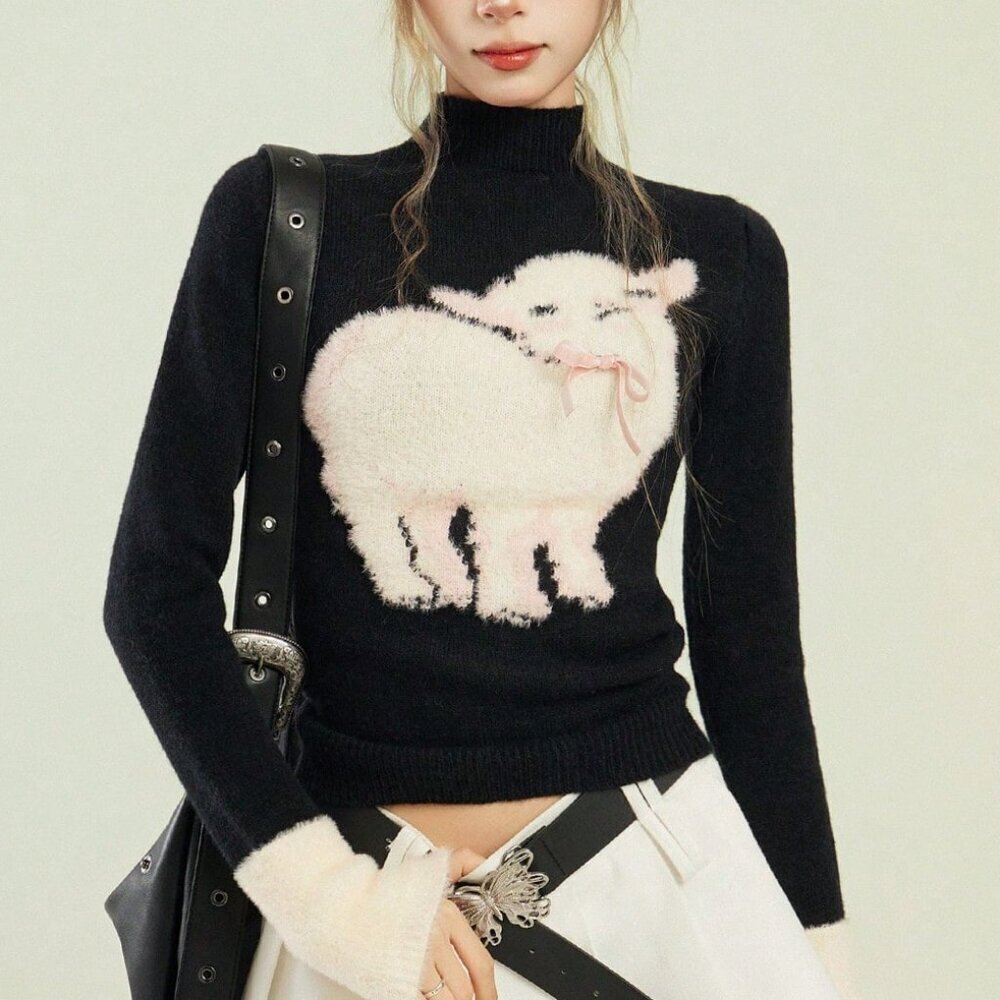 Black Casual Women's High Neck Long Sleeve Knit Sweater